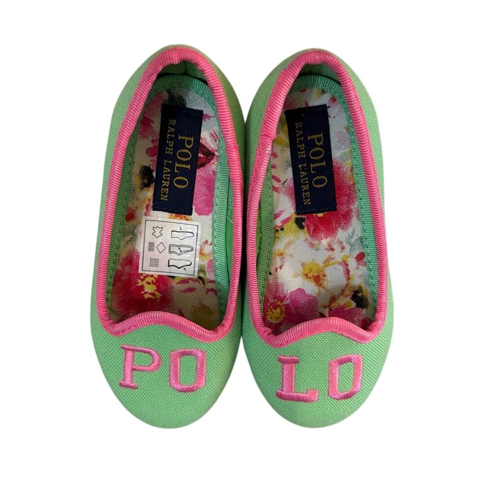 NWOT Polo Ralph Lauren Girls Green & Pink Canvas Ballet Flats Shoes, Size 6C